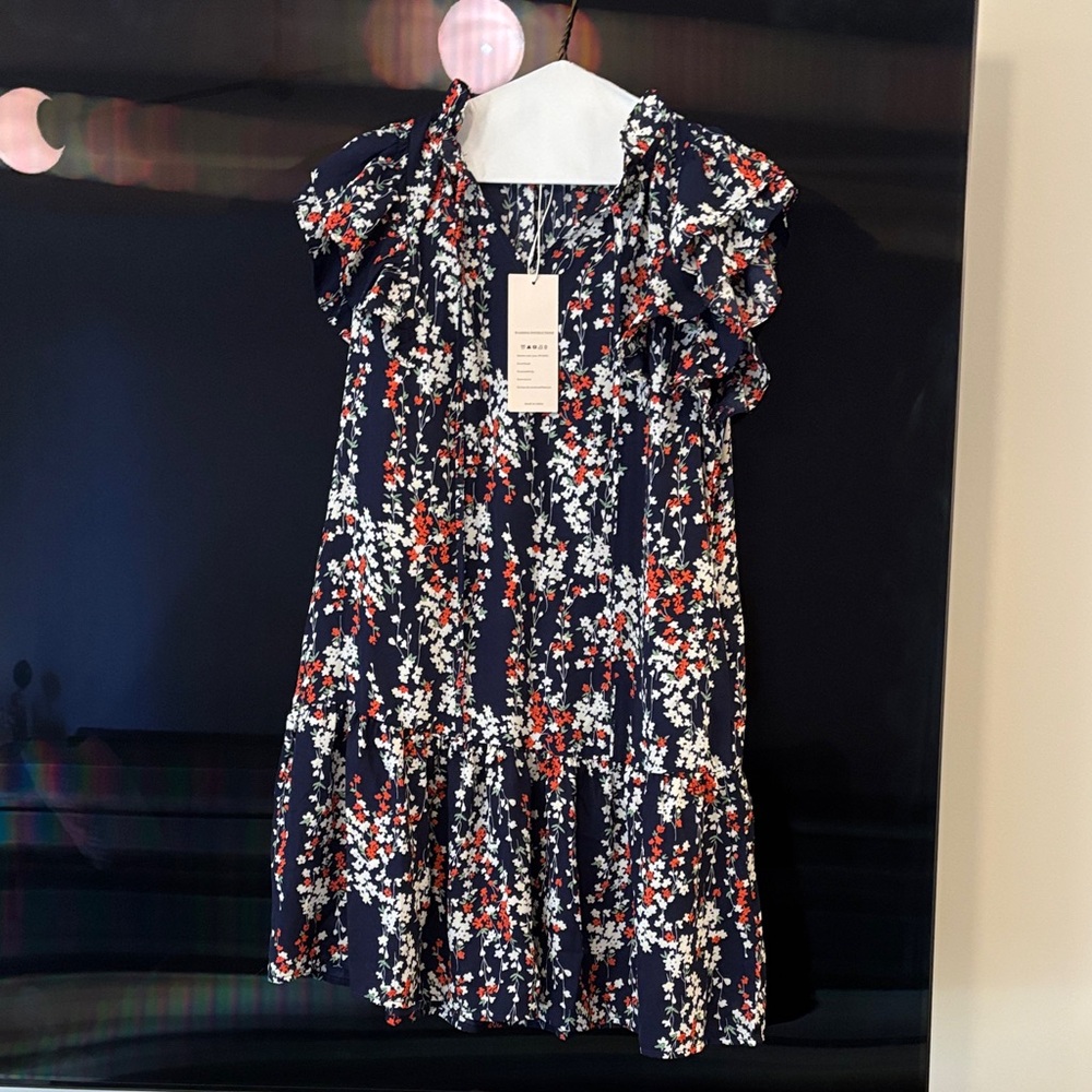 Floral Ruffle Sleeve Dress - Navy and Red